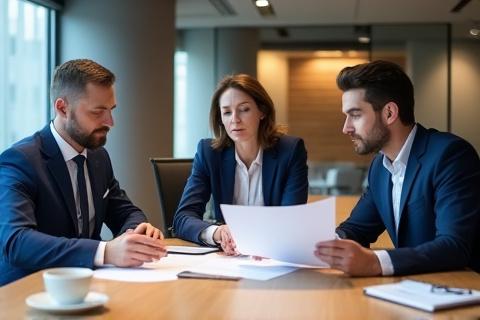 Tres profesionales de negocios discutiendo documentos alrededor de una mesa.