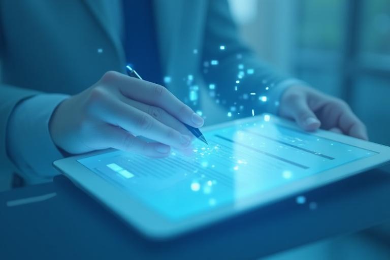 Acuerdo legal digital y firma electrónica con un fondo de oficina moderna y abstracto